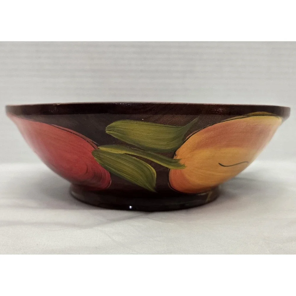 Vtg Hand Painted Mexican Wood Bowl Vibrant Fruit Folk Art Olinala Style Signed